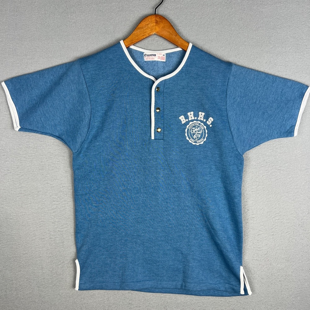 VTG 60s Champion Henley Sweatshirt Fits S Bloomfield HS Ringer Blue Deadstock